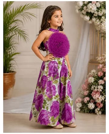 Girls Magenta & Sage Green Floral Printed Halter Neck Crop Top & Palazzo Co-Ord Set with 3D Flower Appliqué