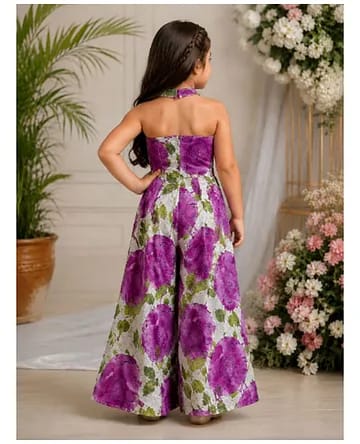 Girls Magenta & Sage Green Floral Printed Halter Neck Crop Top & Palazzo Co-Ord Set with 3D Flower Appliqué