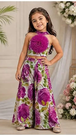 Girls Magenta & Sage Green Floral Printed Halter Neck Crop Top & Palazzo Co-Ord Set with 3D Flower Appliqué
