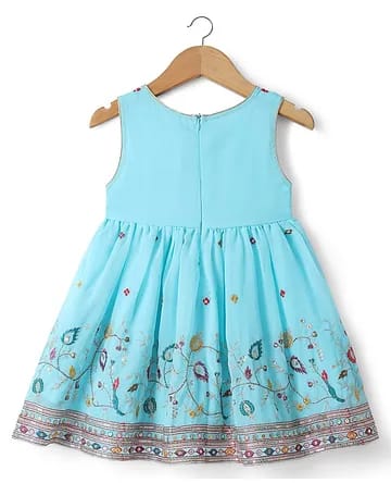 Girls Sky Blue Embroidered Anarkali Kurti, Palazzo & Dupatta 3-Piece Set