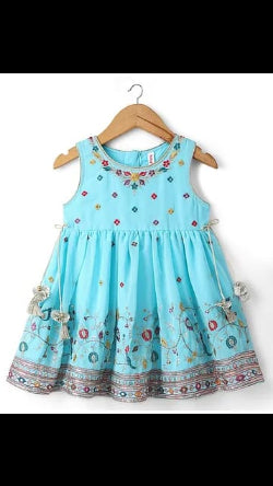 Girls Sky Blue Embroidered Anarkali Kurti, Palazzo & Dupatta 3-Piece Set