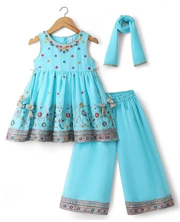 Girls Sky Blue Embroidered Anarkali Kurti, Palazzo & Dupatta 3-Piece Set