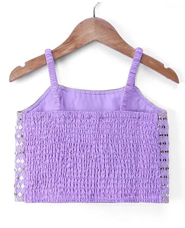 Girls Lavender Mirror Work Crop Top, Jacket & Palazzo 3-Piece Indo-Western Set