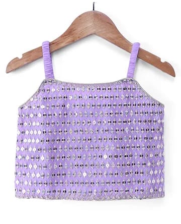 Girls Lavender Mirror Work Crop Top, Jacket & Palazzo 3-Piece Indo-Western Set