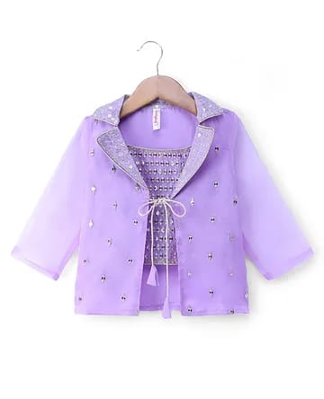 Girls Lavender Mirror Work Crop Top, Jacket & Palazzo 3-Piece Indo-Western Set