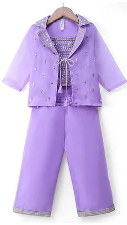 Girls Lavender Mirror Work Crop Top, Jacket & Palazzo 3-Piece Indo-Western Set