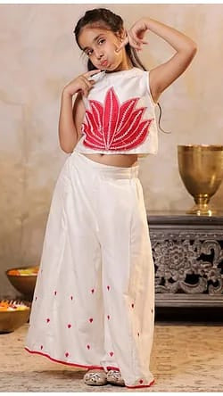 Girls Off-White Lotus Appliqué Crop Top & Wide-Leg Palazzo 2-Piece Ethnic Set