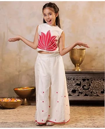 Girls Off-White Lotus Appliqué Crop Top & Wide-Leg Palazzo 2-Piece Ethnic Set