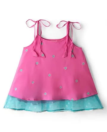 Girls Bright Pink & Turquoise Layered Spaghetti Top with Palazzo 2-Piece Ethnic Set