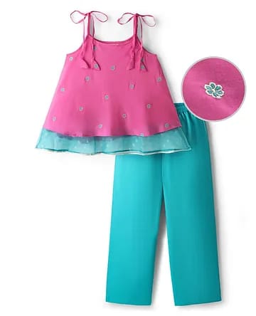 Girls Bright Pink & Turquoise Layered Spaghetti Top with Palazzo 2-Piece Ethnic Set