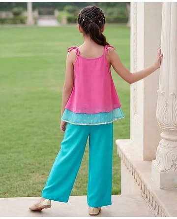 Girls Bright Pink & Turquoise Layered Spaghetti Top with Palazzo 2-Piece Ethnic Set