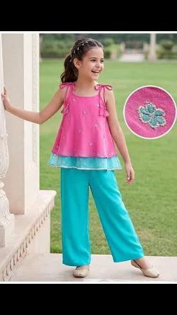 Girls Bright Pink & Turquoise Layered Spaghetti Top with Palazzo 2-Piece Ethnic Set