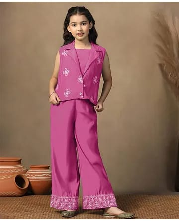 Girls Magenta Pink Lapel Jacket, Inner Top & Embroidered Palazzo 3-Piece Indo-Western Set