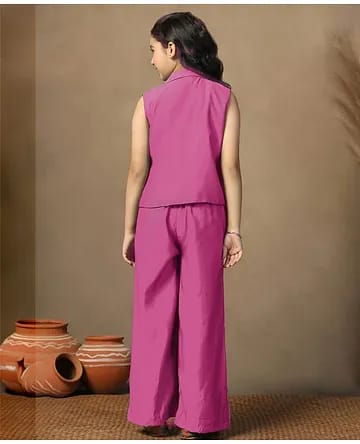 Girls Magenta Pink Lapel Jacket, Inner Top & Embroidered Palazzo 3-Piece Indo-Western Set