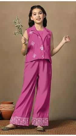 Girls Magenta Pink Lapel Jacket, Inner Top & Embroidered Palazzo 3-Piece Indo-Western Set