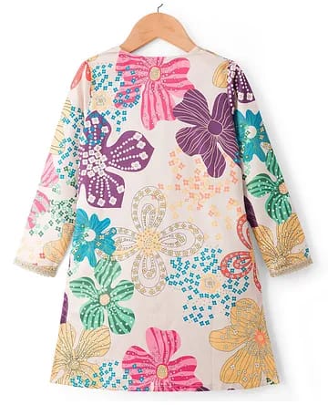 Girls Cream Multi-Color Floral Print Jacket, Crop Top & Trouser 3-Piece Indo-Western Set