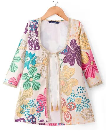 Girls Cream Multi-Color Floral Print Jacket, Crop Top & Trouser 3-Piece Indo-Western Set