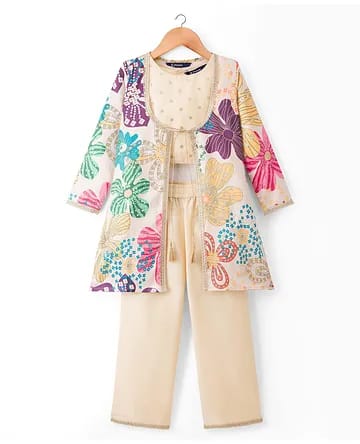Girls Cream Multi-Color Floral Print Jacket, Crop Top & Trouser 3-Piece Indo-Western Set