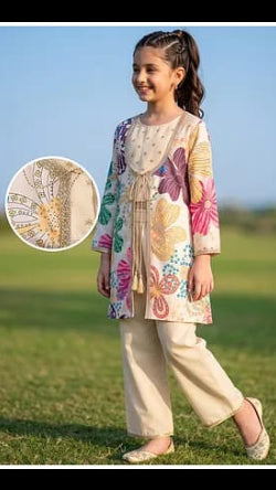 Girls Cream Multi-Color Floral Print Jacket, Crop Top & Trouser 3-Piece Indo-Western Set