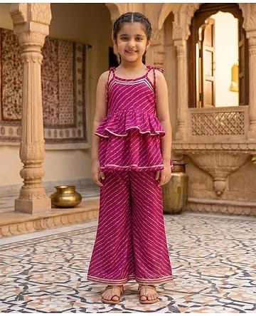 Girls Magenta Leheriya Printed Peplum Top & Palazzo 2-Piece Ethnic Set