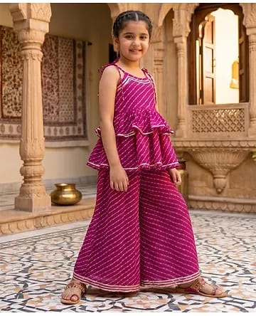 Girls Magenta Leheriya Printed Peplum Top & Palazzo 2-Piece Ethnic Set