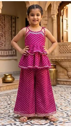 Girls Magenta Leheriya Printed Peplum Top & Palazzo 2-Piece Ethnic Set