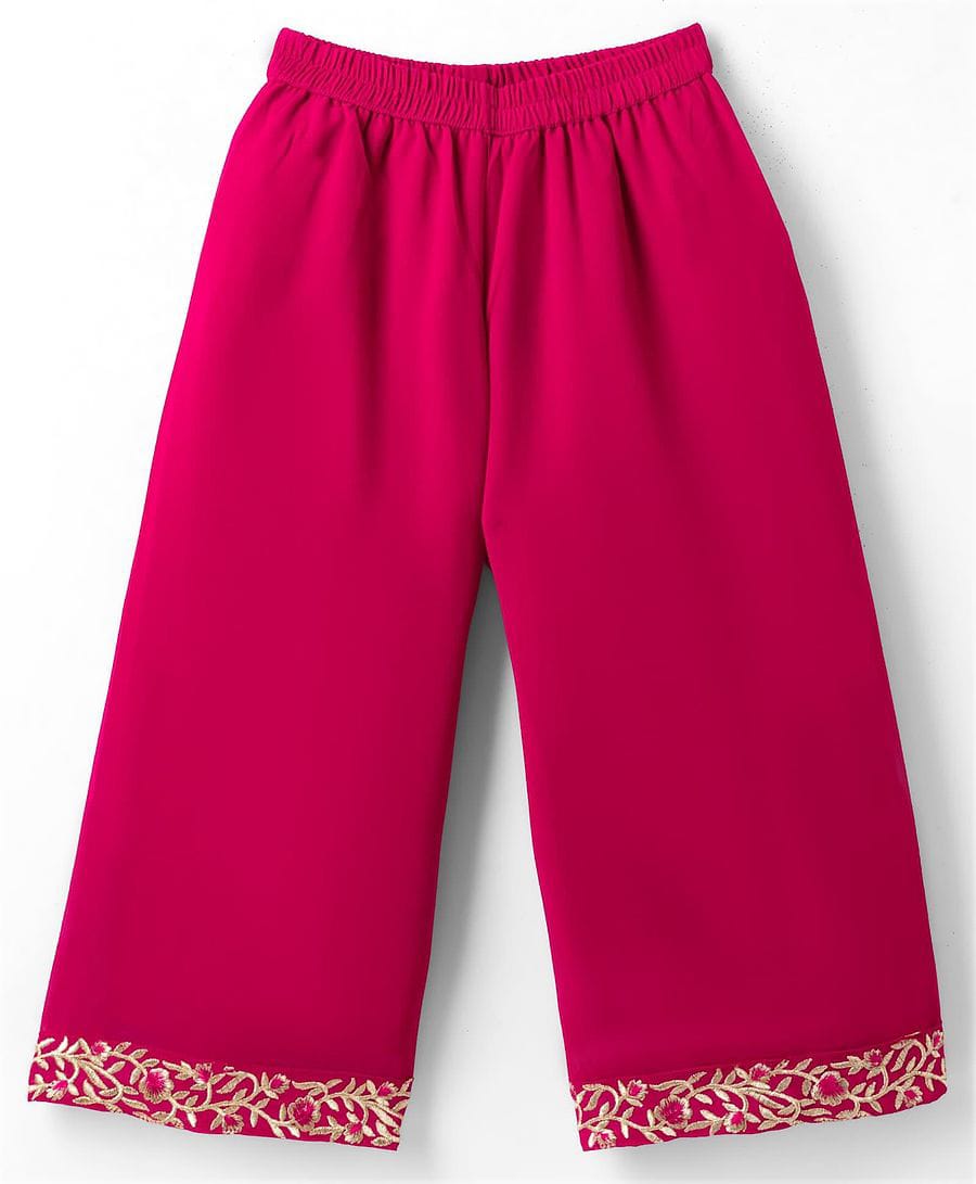 Girls Hot Pink Embroidered Sleeveless Jacket, Crop Top & Flared Palazzo 3-Piece Indo-Western Set
