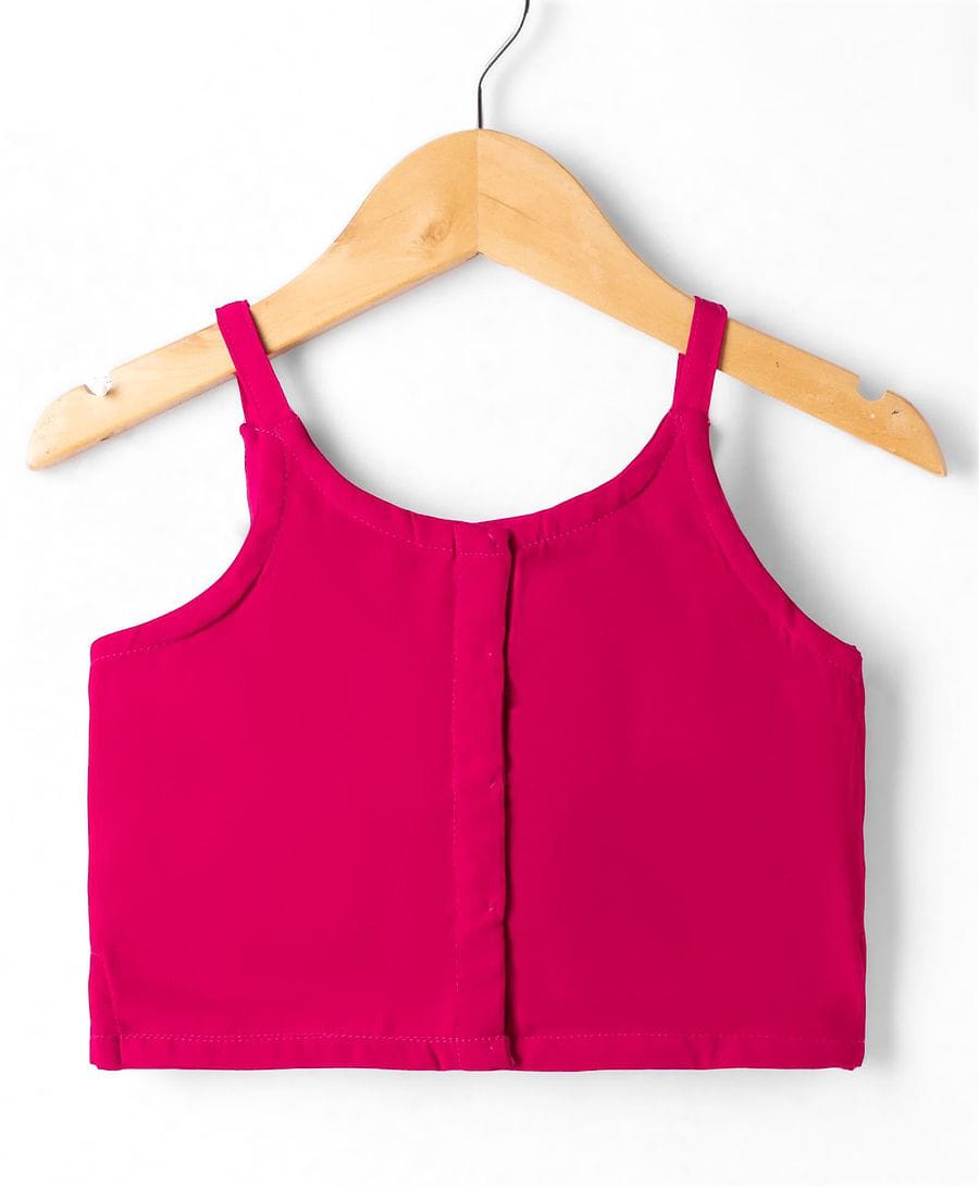 Girls Hot Pink Embroidered Sleeveless Jacket, Crop Top & Flared Palazzo 3-Piece Indo-Western Set