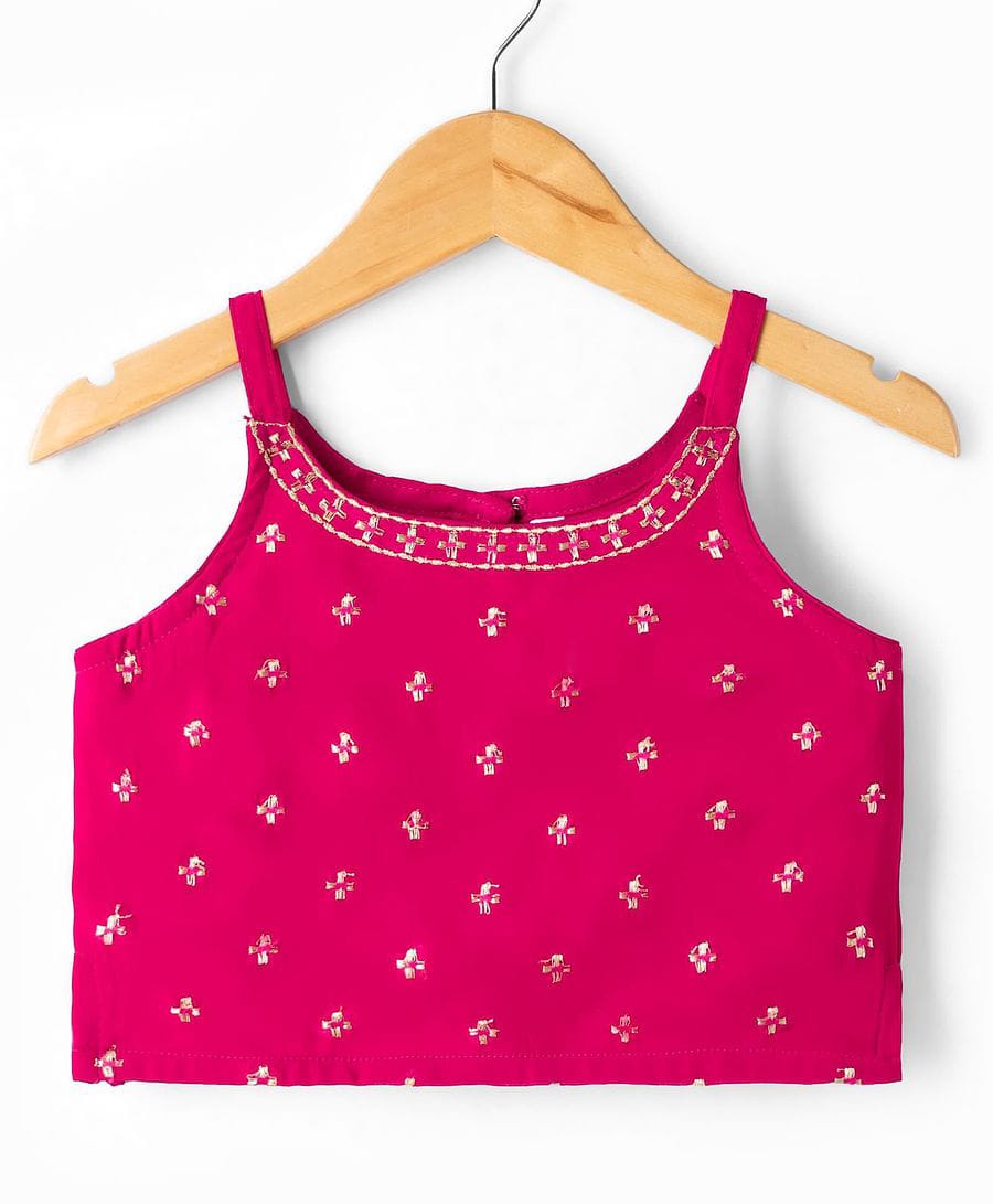 Girls Hot Pink Embroidered Sleeveless Jacket, Crop Top & Flared Palazzo 3-Piece Indo-Western Set