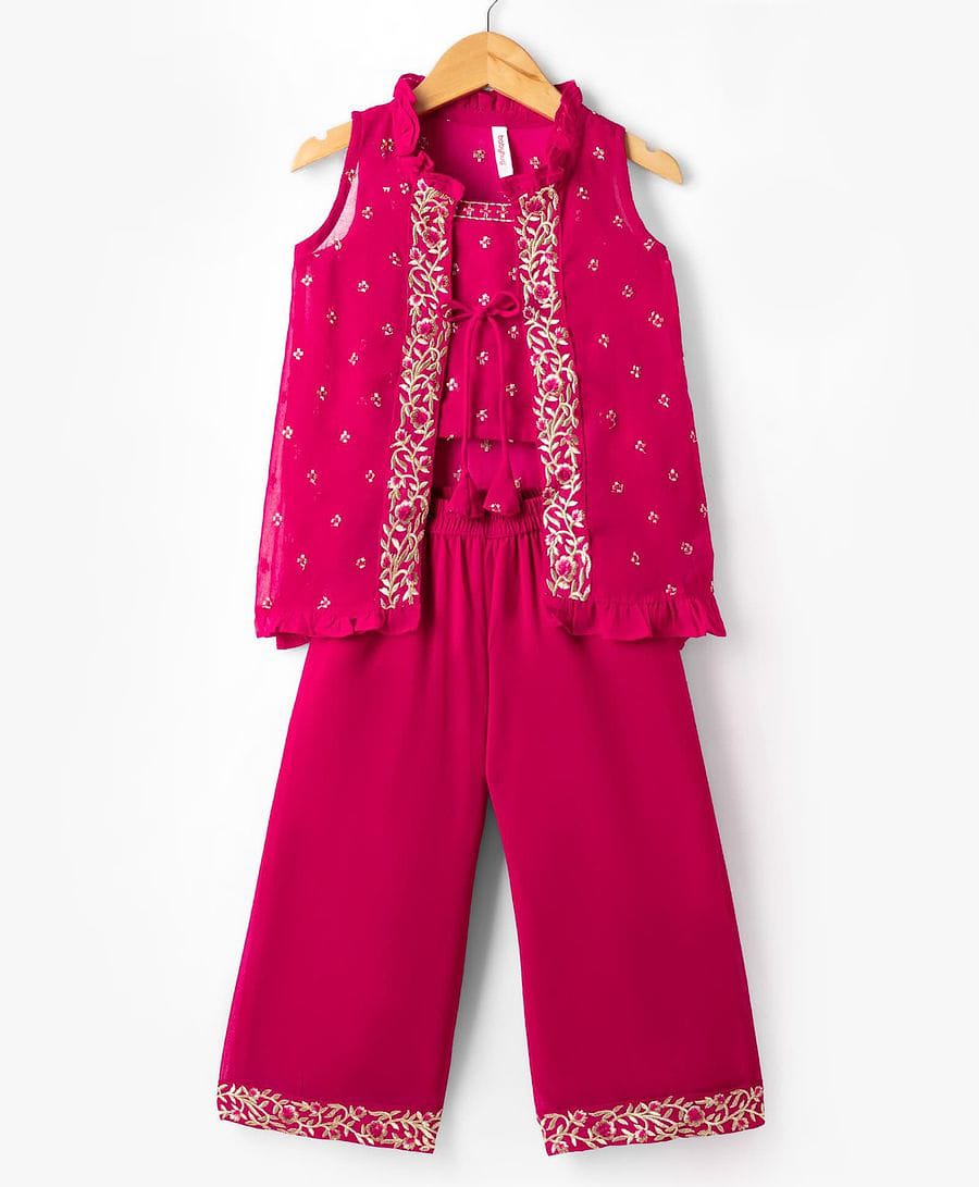 Girls Hot Pink Embroidered Sleeveless Jacket, Crop Top & Flared Palazzo 3-Piece Indo-Western Set