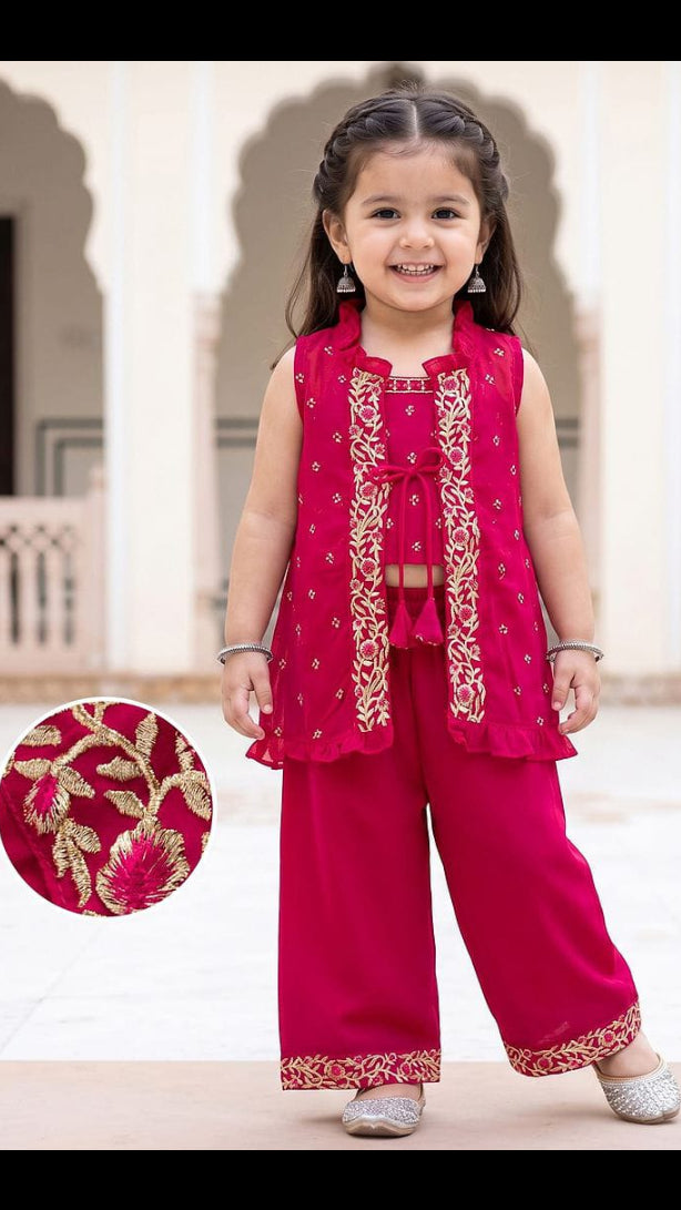Girls Hot Pink Embroidered Sleeveless Jacket, Crop Top & Flared Palazzo 3-Piece Indo-Western Set