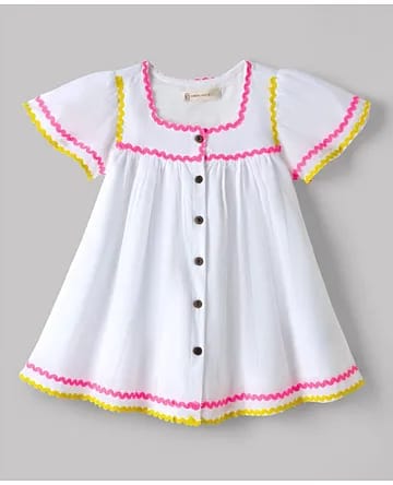 Girls White Cotton Flutter Sleeve Tunic Top with Contrast Ric-Rac Lace Trim