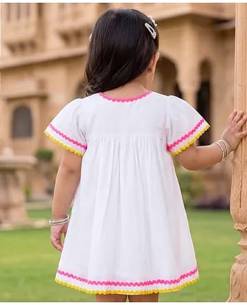 Girls White Cotton Flutter Sleeve Tunic Top with Contrast Ric-Rac Lace Trim