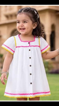 Girls White Cotton Flutter Sleeve Tunic Top with Contrast Ric-Rac Lace Trim