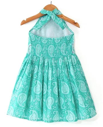 Girls Sea Green Cotton Halter-Neck Paisley Printed A-Line Dress