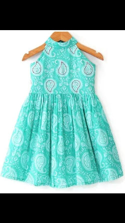Girls Sea Green Cotton Halter-Neck Paisley Printed A-Line Dress