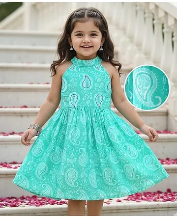 Girls Sea Green Cotton Halter-Neck Paisley Printed A-Line Dress