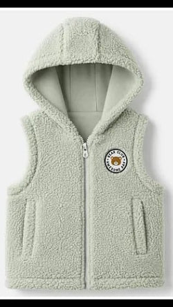 Kids Sage Green Plush Sherpa Fleece Hooded Sleeveless Vest with Bear Club Patch