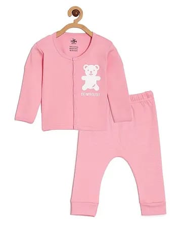 Baby Pink 100% Cotton Full-Sleeve Sleepsuit Romper with Teddy Graphic Print