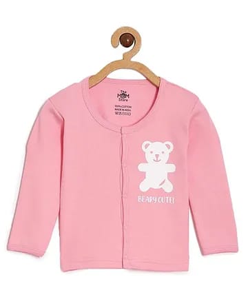 Baby Pink 100% Cotton Full-Sleeve Sleepsuit Romper with Teddy Graphic Print