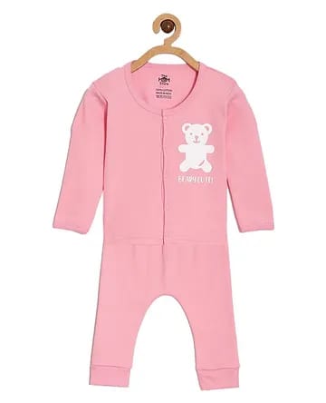 Baby Pink 100% Cotton Full-Sleeve Sleepsuit Romper with Teddy Graphic Print