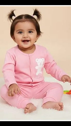 Baby Pink 100% Cotton Full-Sleeve Sleepsuit Romper with Teddy Graphic Print