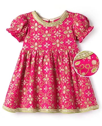 Baby Girls Magenta Pink Bandhani Print & Sequin Embroidered Ethnic Frock Dress