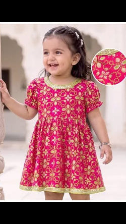 Baby Girls Magenta Pink Bandhani Print & Sequin Embroidered Ethnic Frock Dress