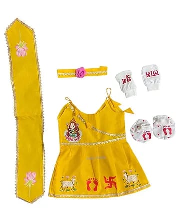 Baby Girl Traditional Yellow Printed Angrakha Frock Set with Accessories (6-Piece Set)