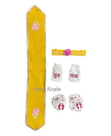 Baby Girl Traditional Yellow Printed Angrakha Frock Set with Accessories (6-Piece Set)