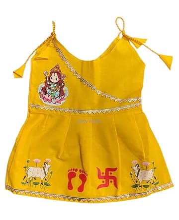 Baby Girl Traditional Yellow Printed Angrakha Frock Set with Accessories (6-Piece Set)