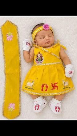 Baby Girl Traditional Yellow Printed Angrakha Frock Set with Accessories (6-Piece Set)