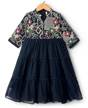 Baby girls Navy Blue Embroidered Yoke Tiered Anarkali / Fusion Maxi Dress