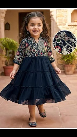Baby girls Navy Blue Embroidered Yoke Tiered Anarkali / Fusion Maxi Dress